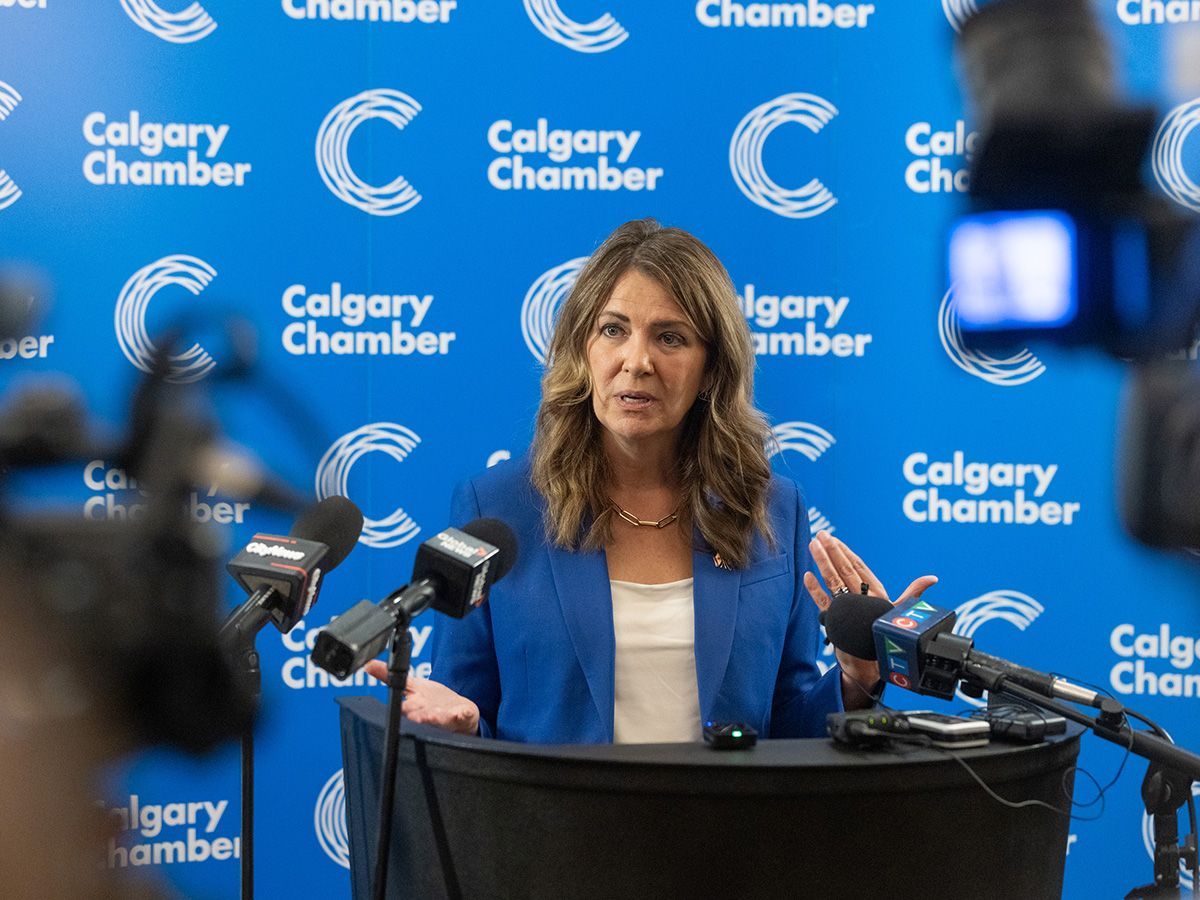 Premier Danielle Smith speaks to media at a Calgary Chamber of Commerce event on Tuesday, Sept. 22, 2026.