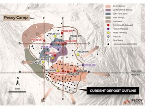 Plan view showing the current deposit outline, principal mineralized zones, and current drill hole locations