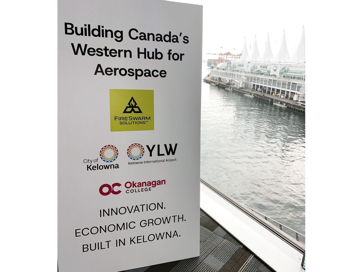 Leaders from the City of Kelowna, FireSwarm Solutions and Okanagan College announce their partnership at the 2026 UBCM Convention in Vancouver, themed 'Common Good.