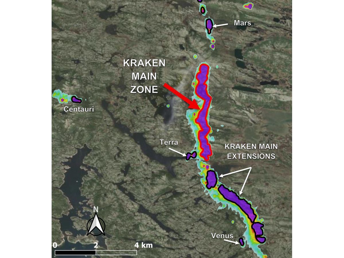 Footprint of Kraken Main Exploration Target outlined in red and surrounding geophysical conductors identified across the broader Kraken system. Surface expression covers approximately 2 km² .