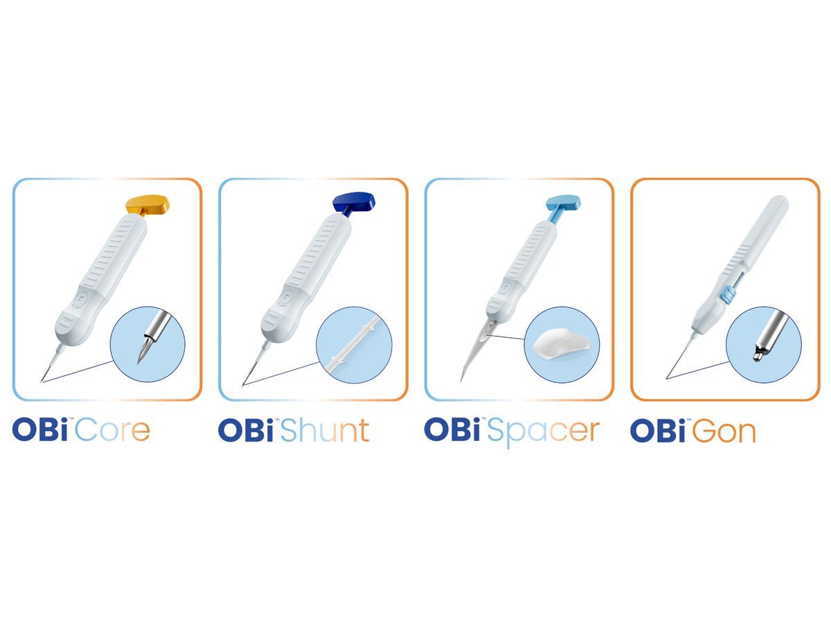  OBi Core, OBi Shunt, OBi Spacer and OBi Gon, each designed for a different aqueous outflow pathway, from angle-based procedures to subconjunctival filtration.