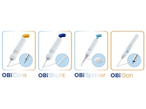 OBi Core, OBi Shunt, OBi Spacer and OBi Gon, each designed for a different aqueous outflow pathway, from angle-based procedures to subconjunctival filtration.