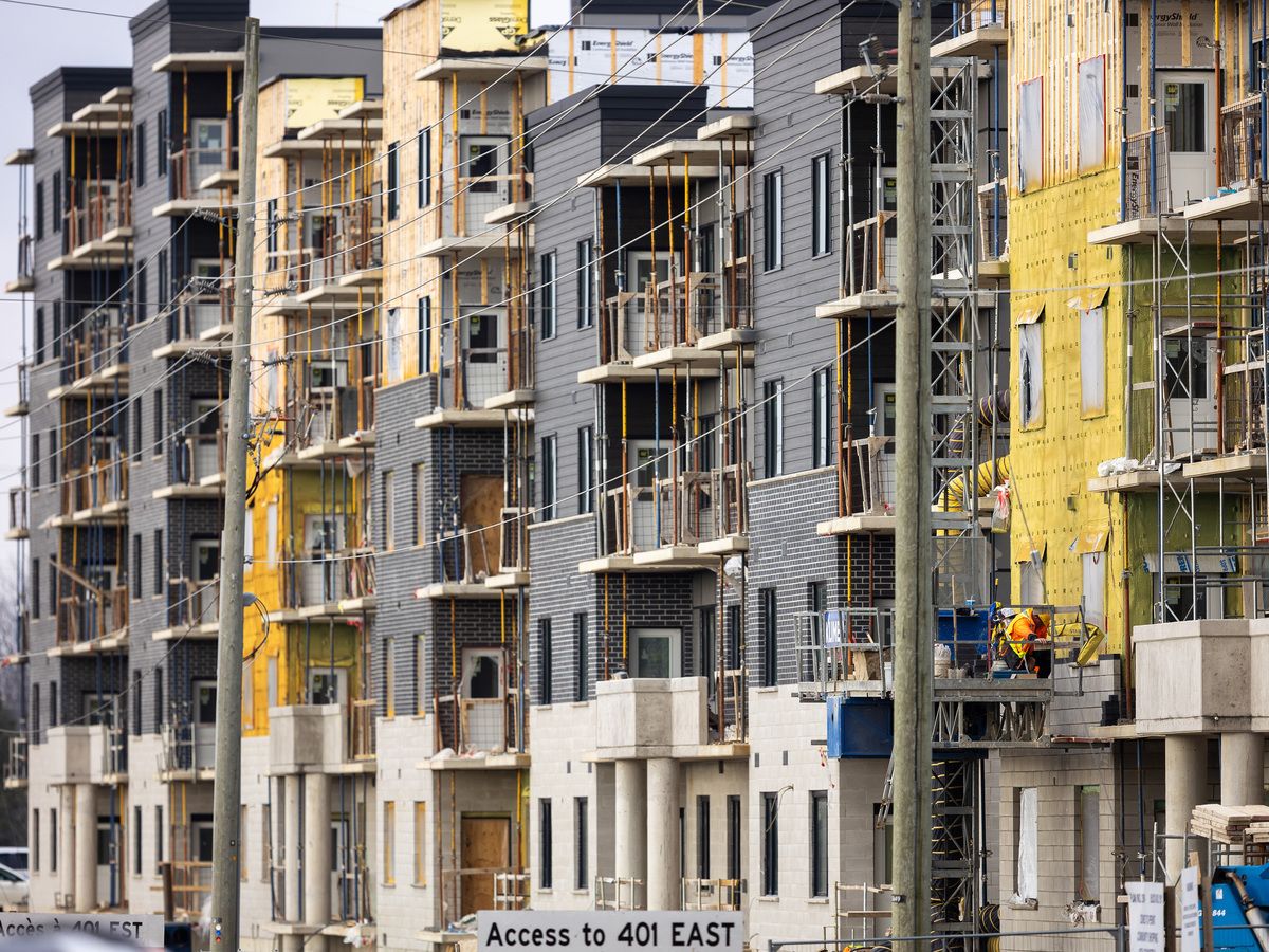A large residential apartment block being built by Drewlo just off of Bradley Avenue, east of Highbury in London, Ont., on Nov. 21, 2025.