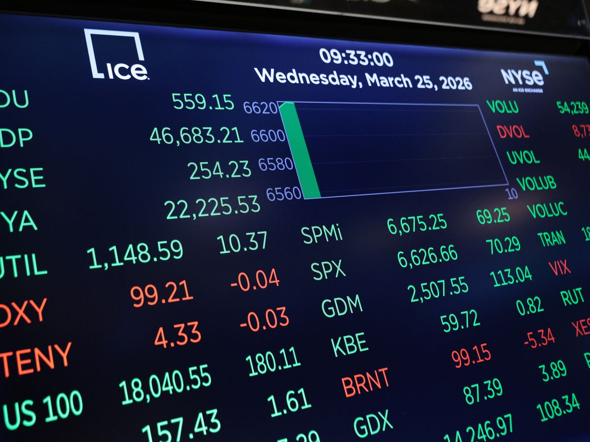 Stock market numbers are displayed on the floor of the New York Stock Exchange during morning trading on March 25, 2026 in New York City.