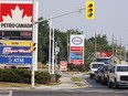 Gas prices are displayed at the corner of Wellington and Exeter Roads in London, Ont. on July 27, 2026.