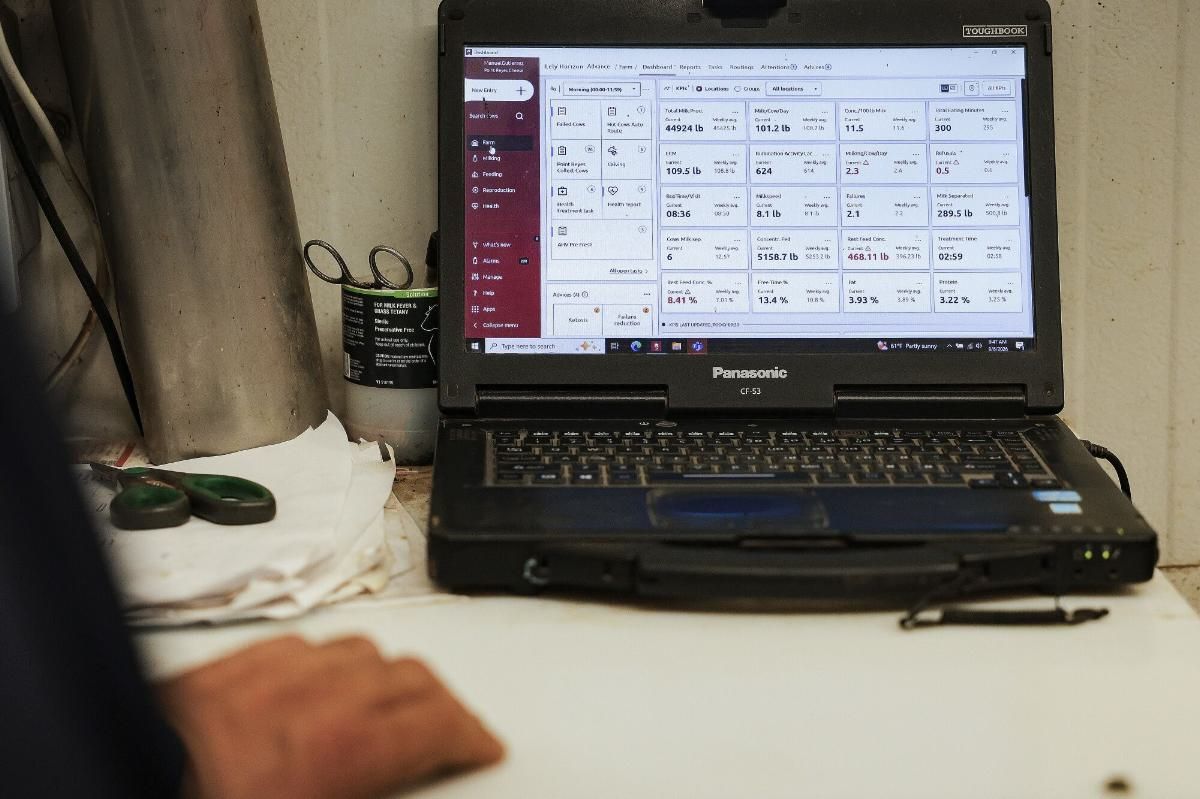A computer displays incoming data from seven autonomous milking robots at a farm in Point Reyes Station, California that uses an AI system to evaluate and milk cows.