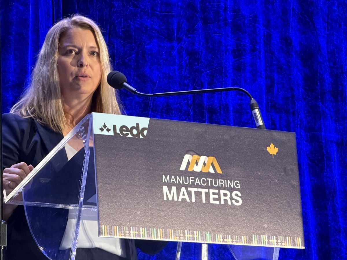 Heather Damaren, director of manufacturing at General Dynamics Land Systems-Canada, speaks Thursday at this year's Manufacturing Matters conference, which attracted more than 1,000 attendees. She said the federal government's push to boost the defence sector is creating opportunities for manufacturing companies hard-hit by U.S. tariffs. Photo taken on Thursday, October 1, 2026.