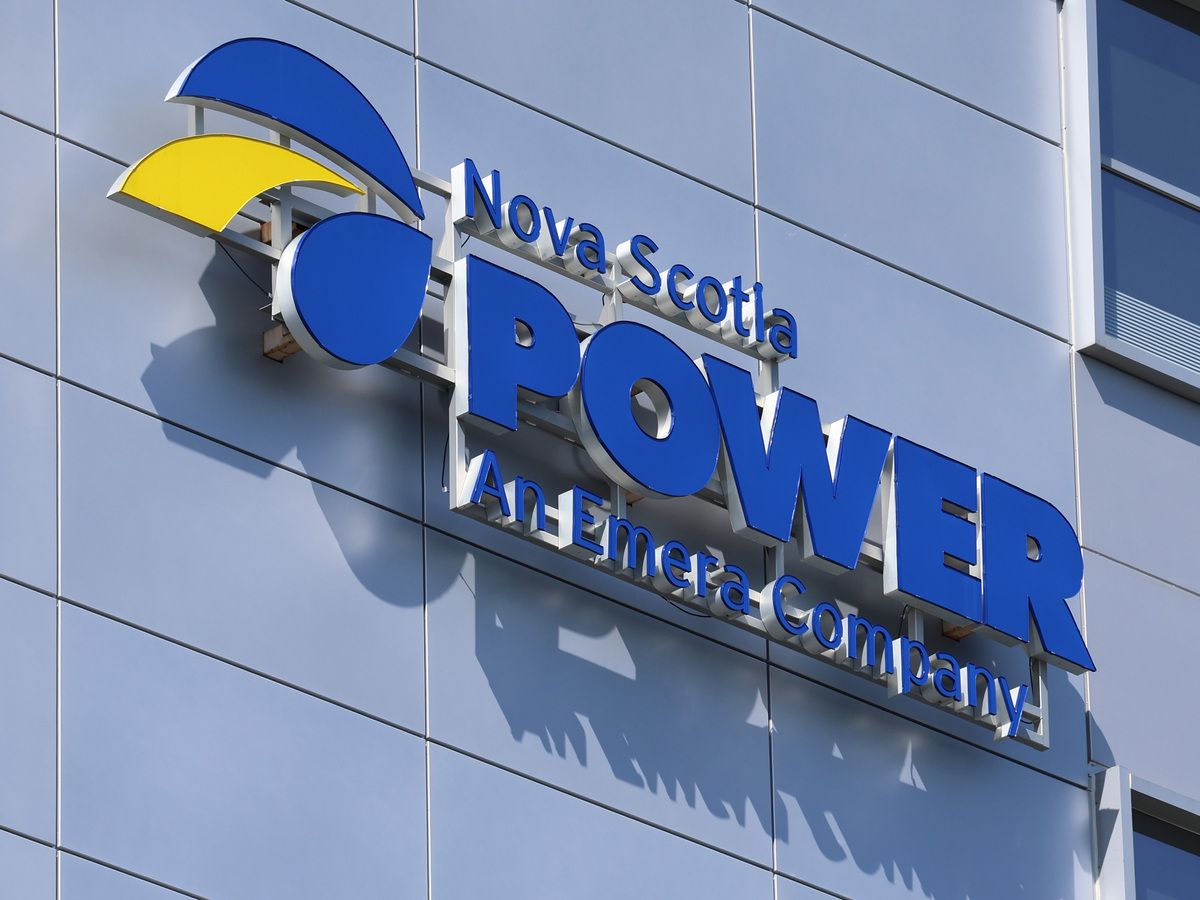 The Emera/Nova Scotia Power logo, affixed to their building on the Halifax waterfront on April 29, 2025.