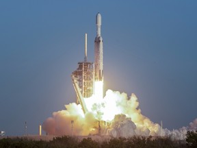 In this NASA handout, a SpaceX Falcon Heavy rocket launches with NASA'S Nancy Grace Roman Space Telescope onboard from Launch Complex 39A, at NASA's Kennedy Space Center on August 30, 2026 in Cape Canaveral, Florida.