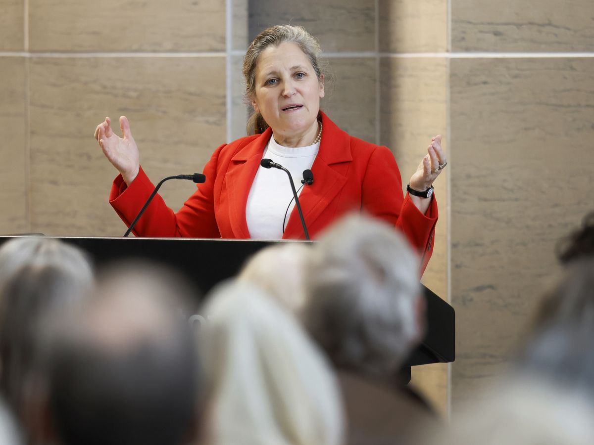 Former Canadian deputy Prime Minister and Minister of Finance Chrystia Freeland speaks about Ukraine at Carleton University in Ottawa May 6, 2026.