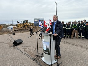 Premier and Minister of Energy Tim Houston at the announcement Everwind Fuels will be adding an AI data centre and additional wind farm capacity to its project in Point Tupper, N.S.