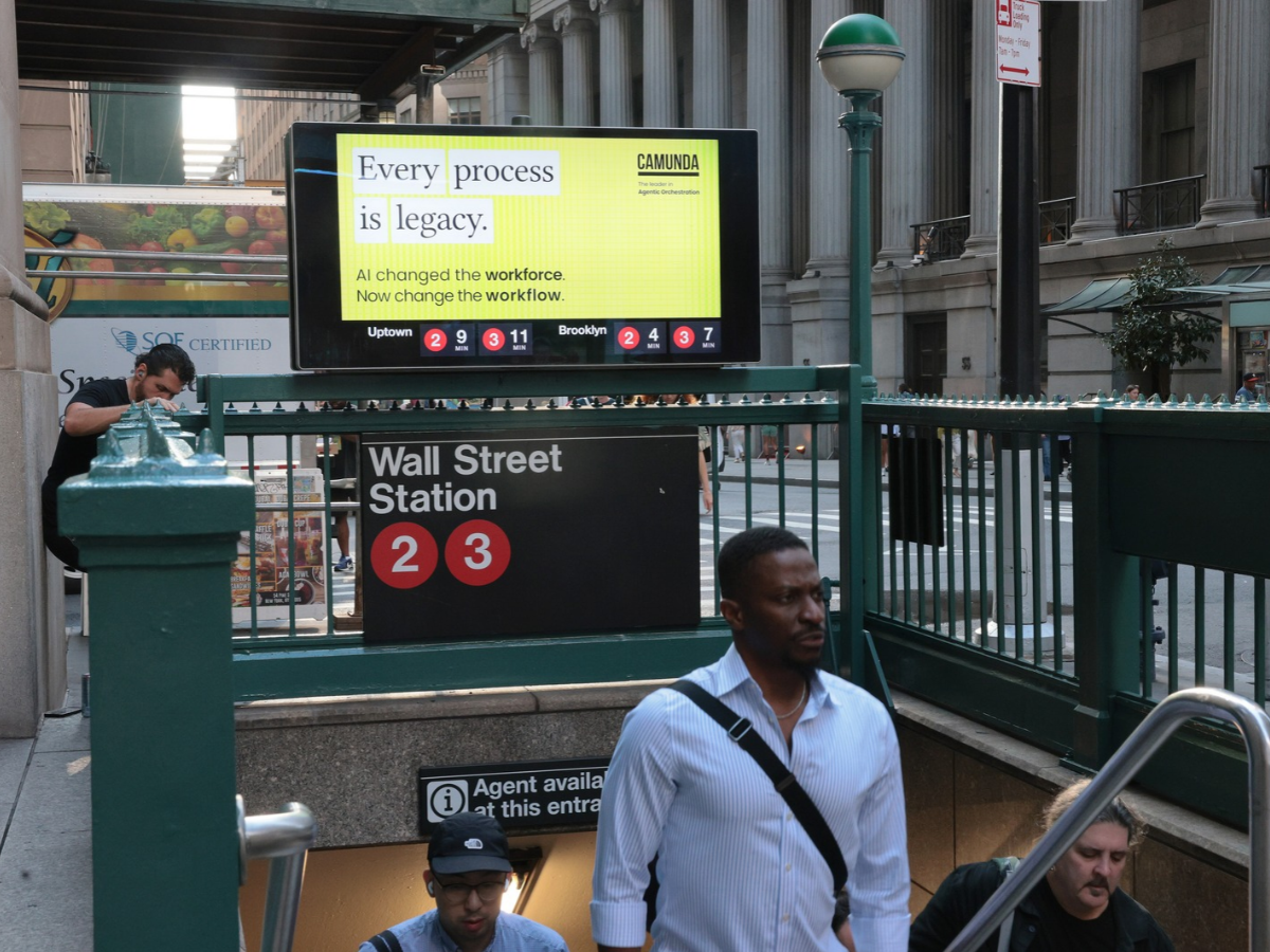 An Ai ad is displayed at the Wall Street subway entrance on September 14, 2026 in New York City.