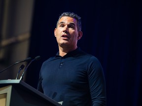 Patrick Dovigi, chief executive officer of GFL Environmental Corp., speaks before receiving the honorary keys to his Bombardier Global 8000 jet at an entry-into-service celebration event for the aircraft at the Bombardier Aircraft Assembly Centre in Mississauga on Dec. 8, 2025.