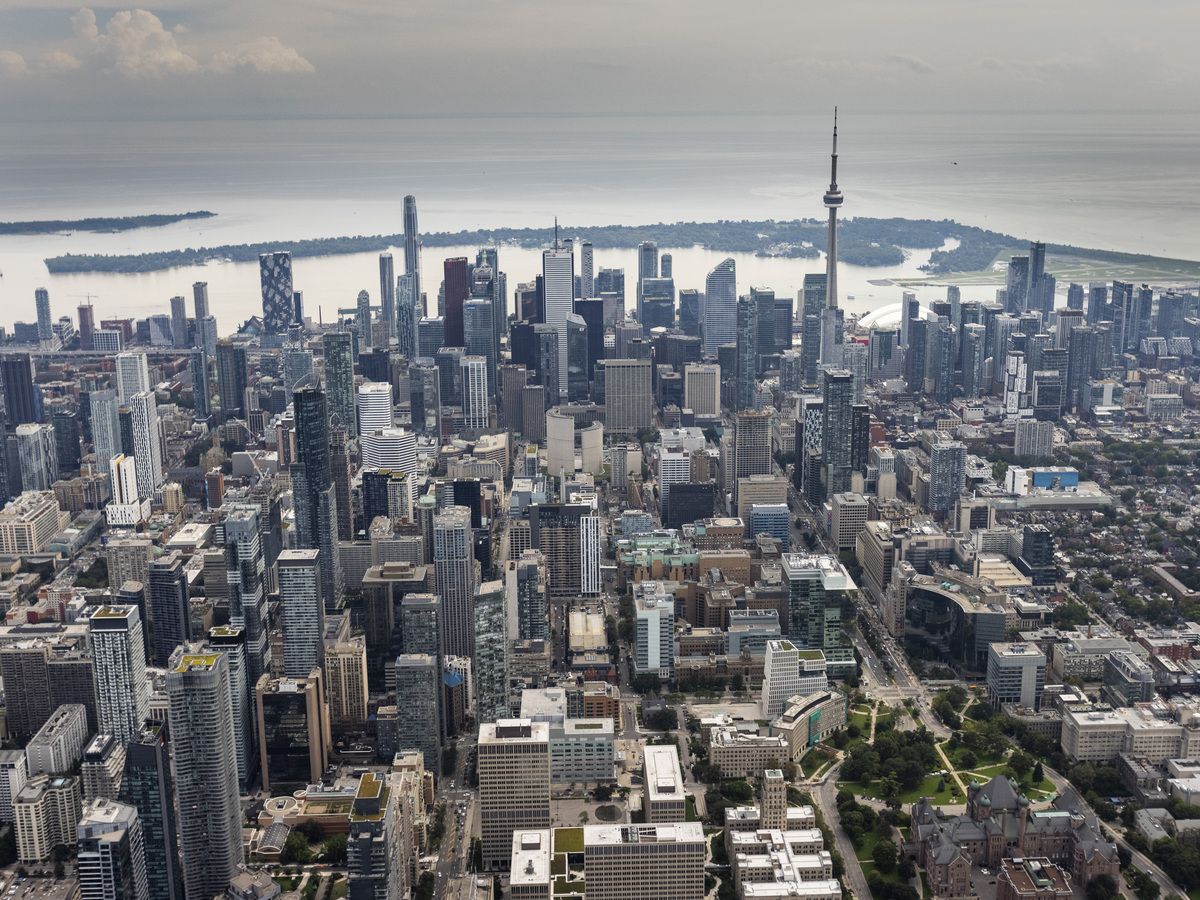 A view of downtown Toronto courtesy of Scott McMaster, a pilot with the Canadian Harvard Aircraft Association (CHAA) flying the North American Harvard MK II airplane during a media preview for the 77th Canadian International Air Show on at Billy Bishop Toronto City Airport on September 3, 2026.