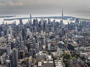A view of downtown Toronto courtesy of Scott McMaster, a pilot with the Canadian Harvard Aircraft Association (CHAA) flying the North American Harvard MK II airplane during a media preview for the 77th Canadian International Air Show on at Billy Bishop Toronto City Airport on September 3, 2026.