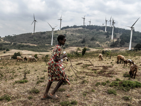 People go about their daily activities near wind turbines at the Ngong Hills wind farm, which generates electricity contributing the country's use of renewable energy near Kenya's capital, Nairobi, on October 17, 2026.