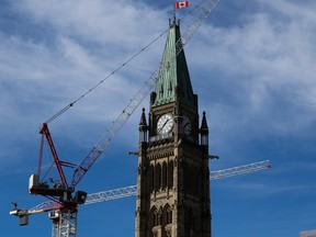 Canadian flag at half mast on the Peace Tower at Centre Block on Parliament Hill in Ottawa following the tragedy at CFB Wainwright, Alberta on Sunday, Oct. 18, 2026.