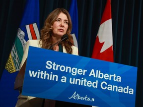 Alberta Premier Danielle Smith answered media questions about the results of the referendum during a press conference at McDougall Center in Calgary on Wednesday, October 21, 2026.