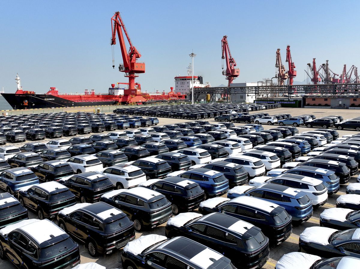 Chery cars for export are seen stacked at the port in Lianyungang, in eastern China's Jiangsu province on January 12, 2026.