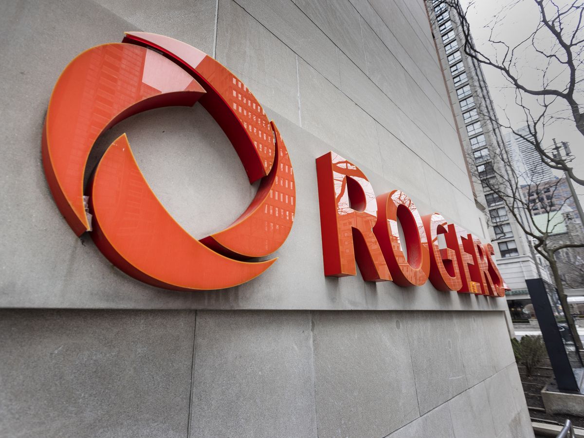 The Rogers symbol at the companies headquarters at 333 Bloor Street in Toronto on April 8, 2024.