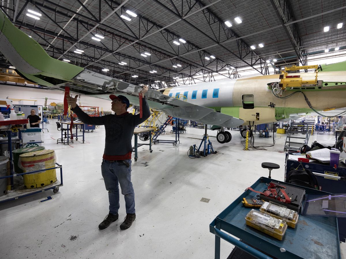A Bombardier Challenger 3500 airplane under construction during a media tour at the company's manufacturing facility in Dorval, Quebec, Canada, on Thursday, March 23, 2023.