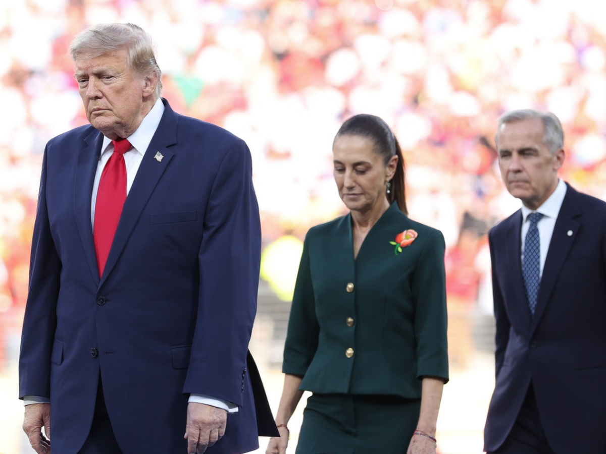 Donald Trump, president of the United States of America, walks ahead of Claudia Sheinbaum, president of Mexico, and Mark Carney, prime minister of Canada, during the FIFA World Cup 2026 Final match between Spain and Argentina at New York New Jersey Stadium on July 19, 2026 in East Rutherford, New Jersey.