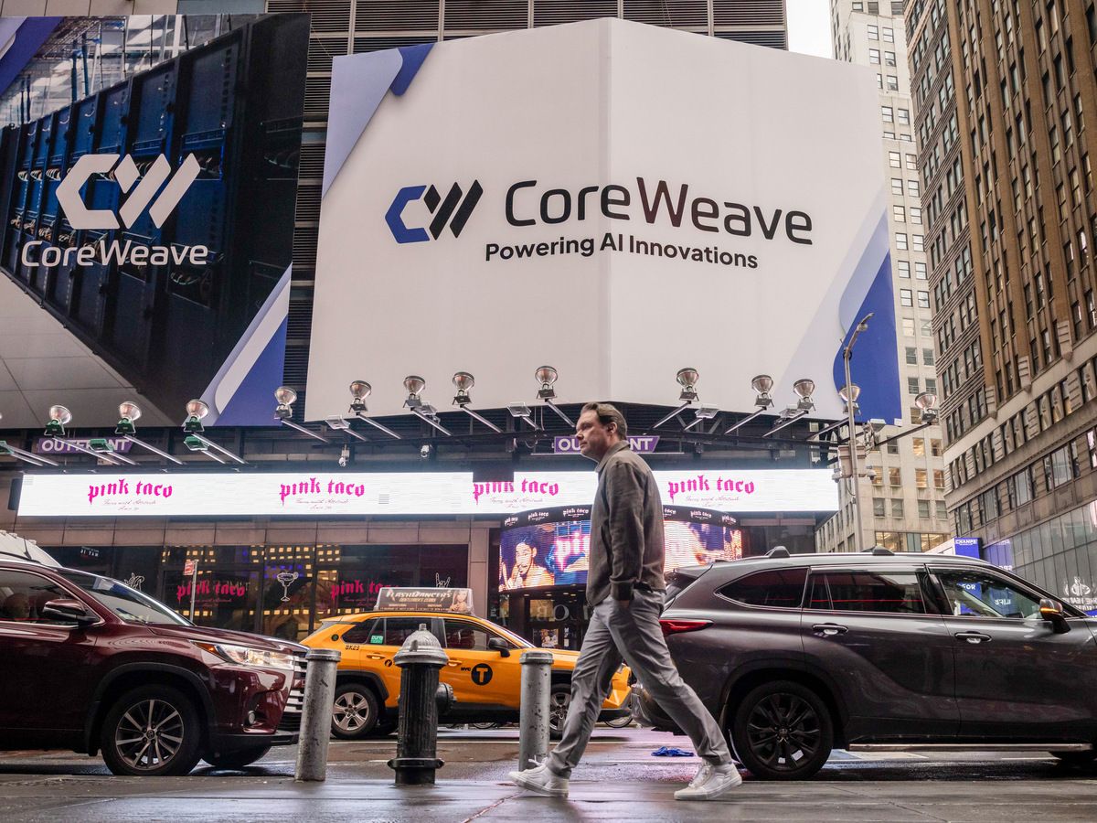 CoreWeave Inc. signage in Times Square in New York, U.S., on May 9, 2025.