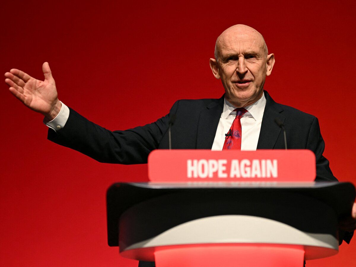 Britain's Chancellor of the Exchequer John Healey delivers a speech on the second day of the annual Labour Party conference in Liverpool, north-west England, on Sept. 28, 2026.