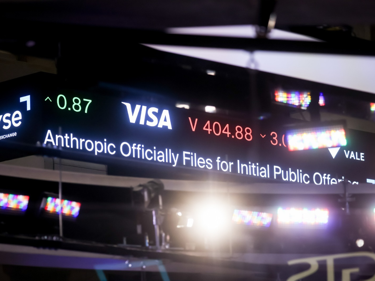 A news ticker displays Anthropic IPO news on the floor of the New York Stock Exchange (NYSE) in New York, US, on Monday, Oct. 26, 2026.