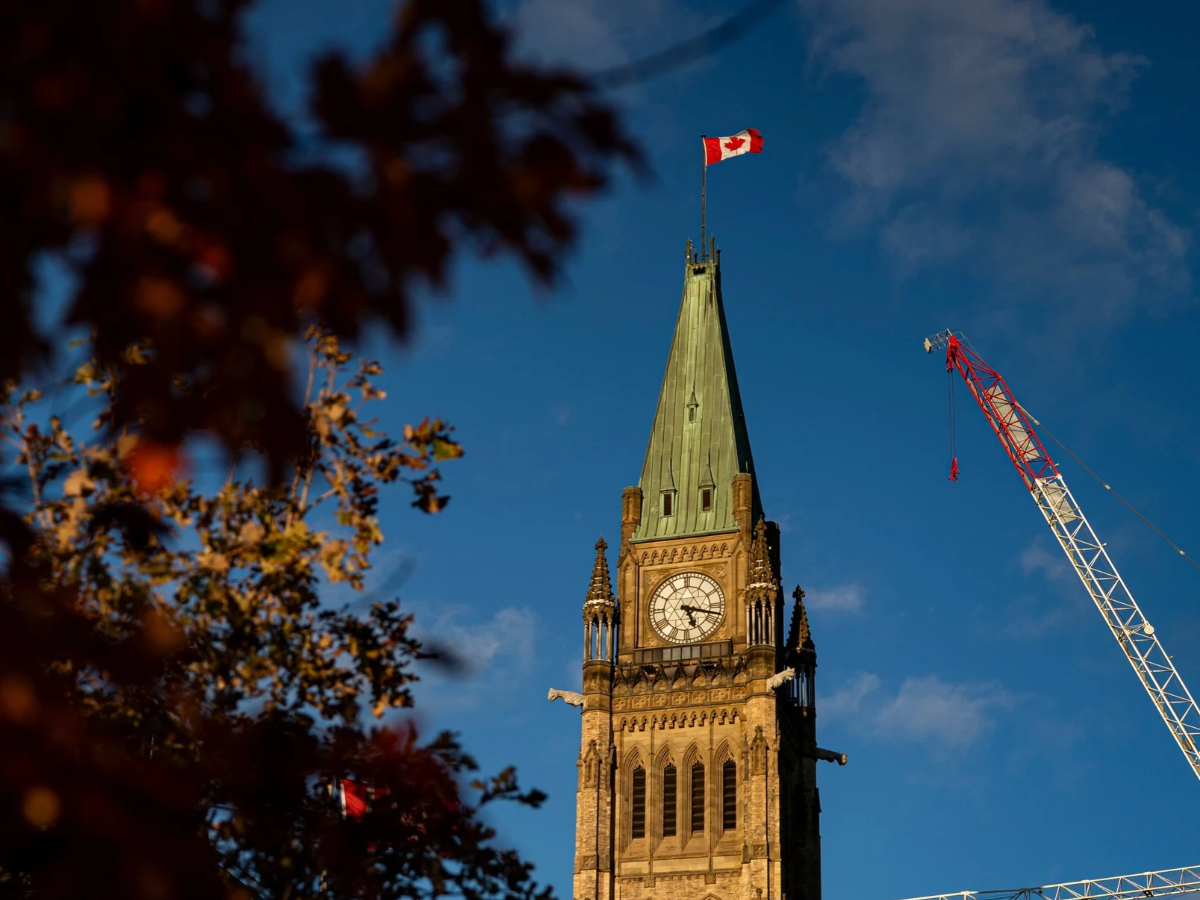 Fall leaves surround the Peace Tower on Parliament Hill on October 26, 2025 in Ottawa, Ontario, Canada.