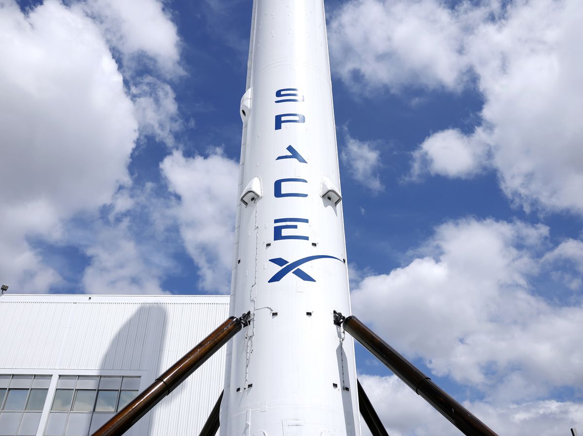 A SpaceX Falcon 9 rocket is displayed at a SpaceX facility on April 2, 2026 in Hawthorne, California.