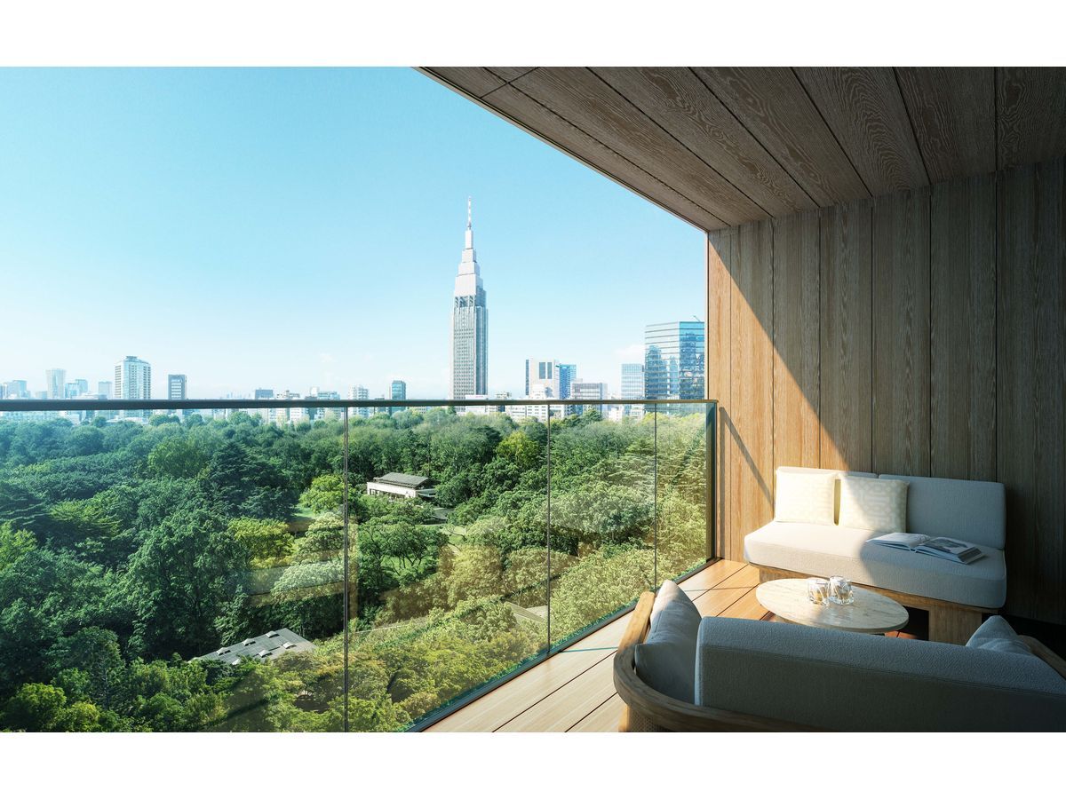 The balcony overlooking Shinjuku Gyoen National Garden