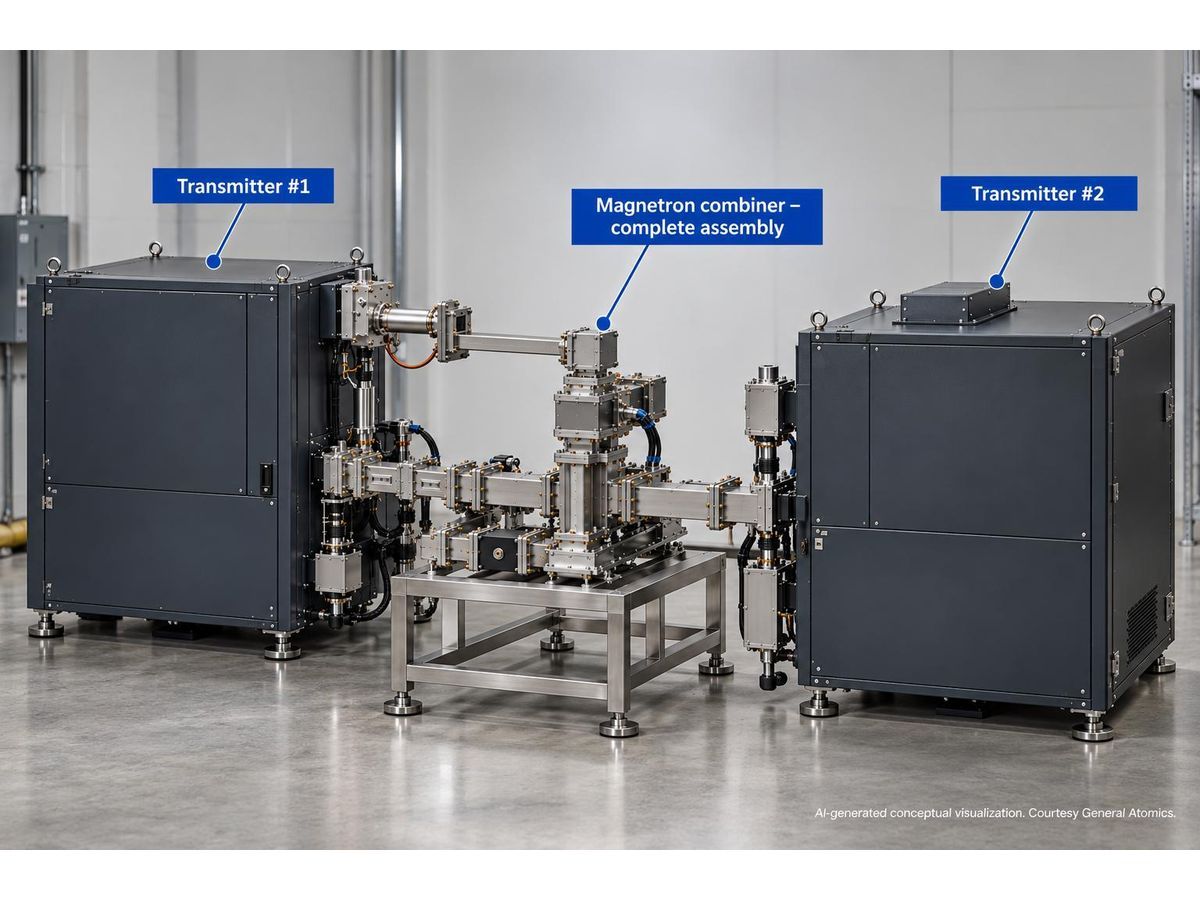 AI-generated conceptual visualization of the magnetron combiner system being developed to help reduce the cost of nuclear waste treatment. Courtesy General Atomics.