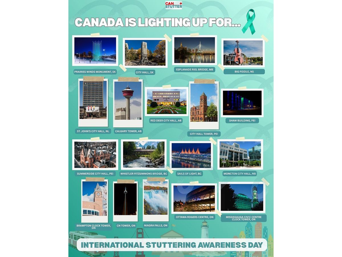 Canadian landmarks lighting up sea-foam green for International Stuttering Awareness Day ISAD 2026 on October 22, including the CN Tower, Niagara Falls, Calgary Tower, Mississauga Civic Centre Clock Tower, and several other landmarks across Canada.