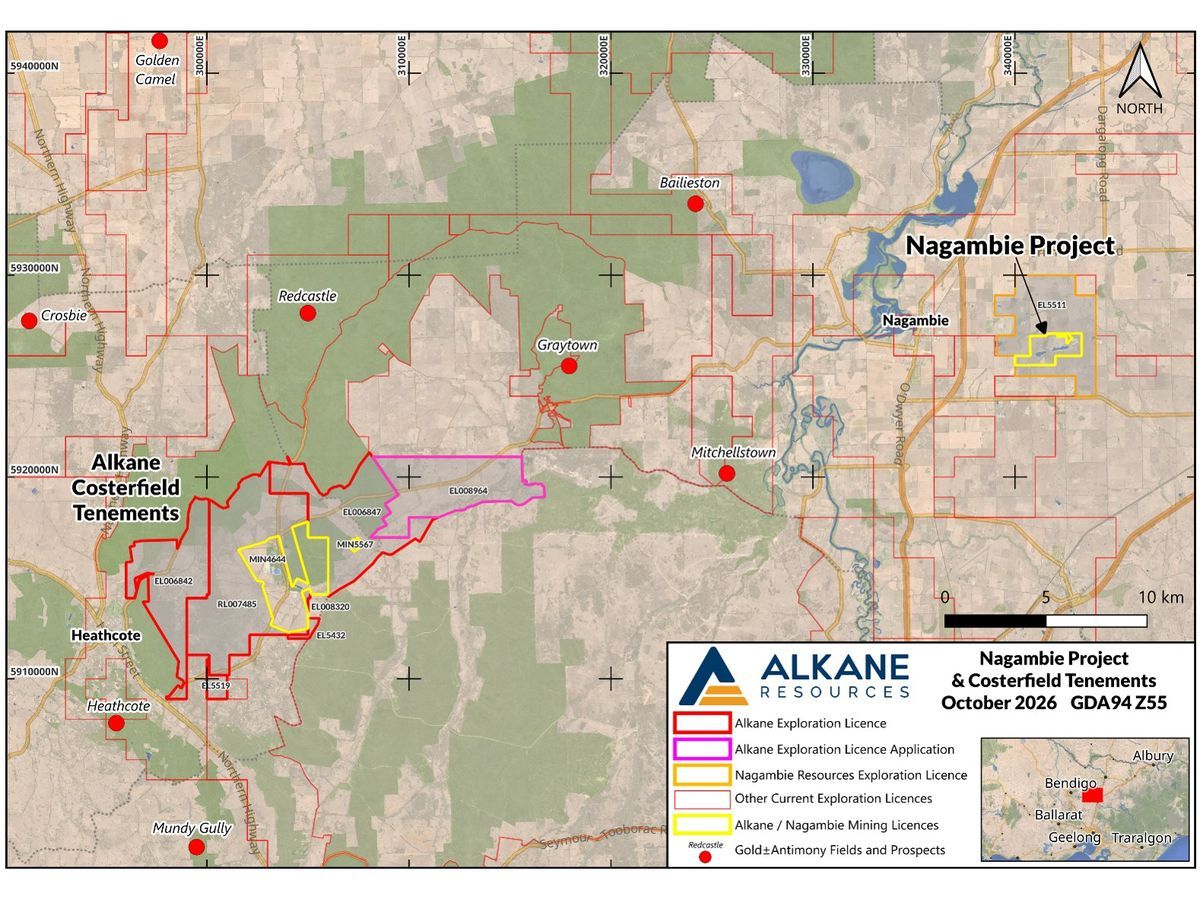 Regional plan showing the location of the Nagambie property, in relation to the extent of Alkane's Costerfield properties and other regional fields and deposits.