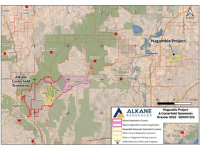 Regional plan showing the location of the Nagambie property, in relation to the extent of Alkane's Costerfield properties and other regional fields and deposits.