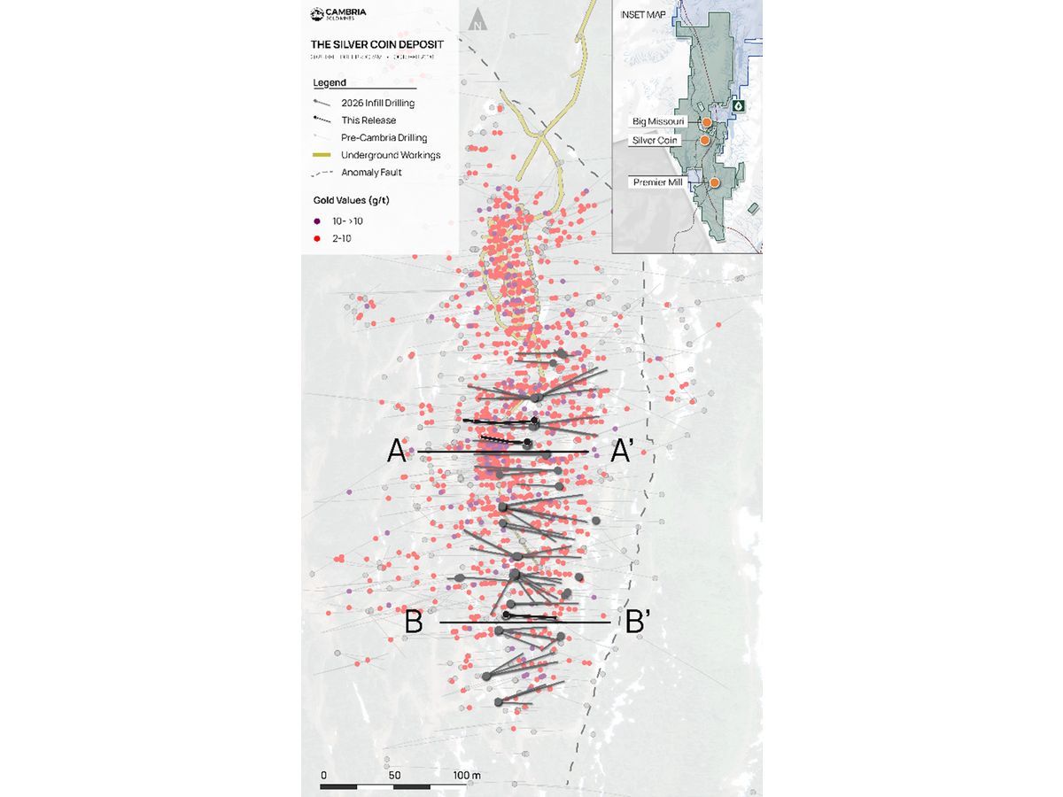 Plan map of the Silver Coin deposit showing 2026 drillhole traces with reported results and pending assays. Pre-2026 drill results are shown as points.