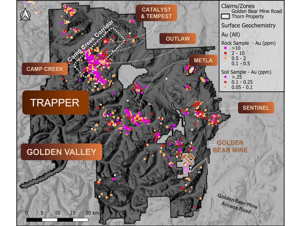 Thorn Project target locations, showing gold-in-soil and gold-in-rock sample results