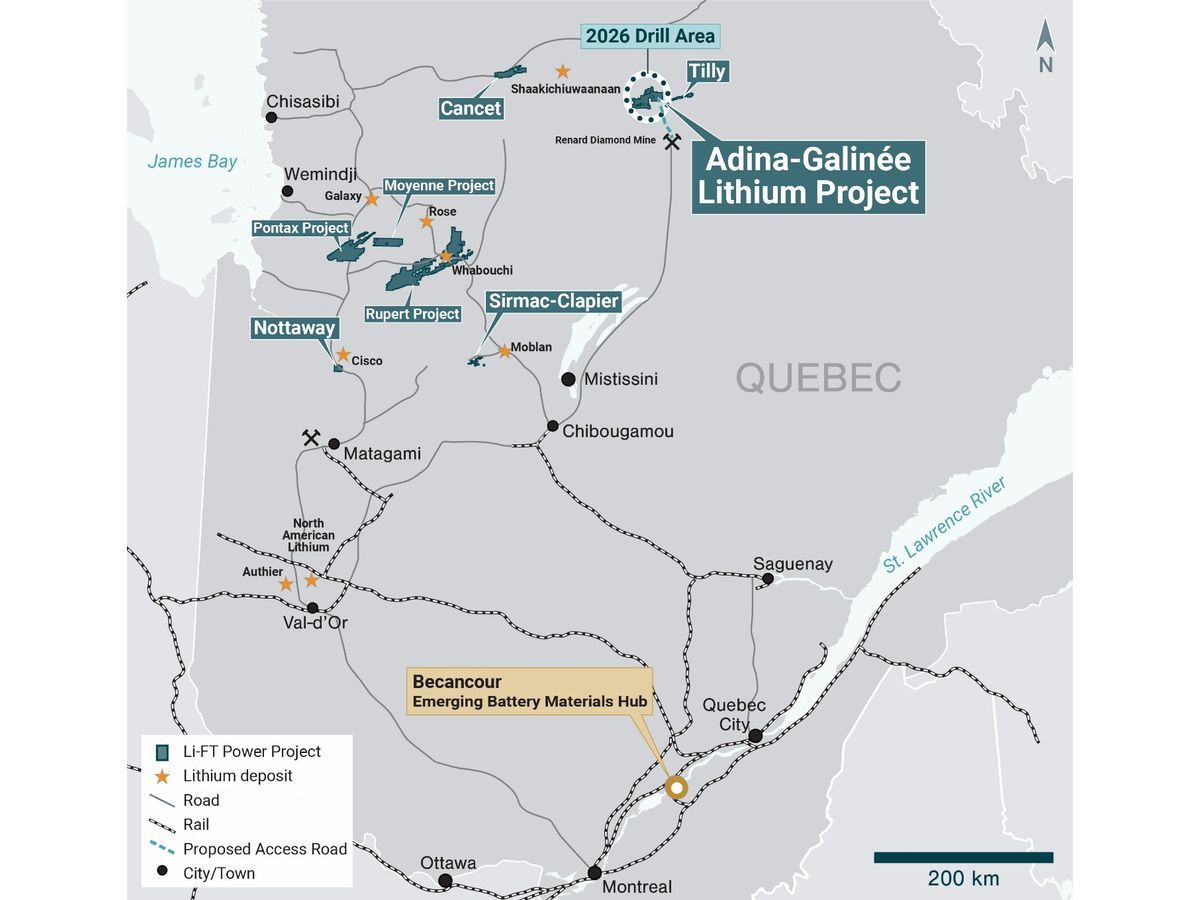 Location of LIFT's spodumene pegmatite properties in Quebec, Canada