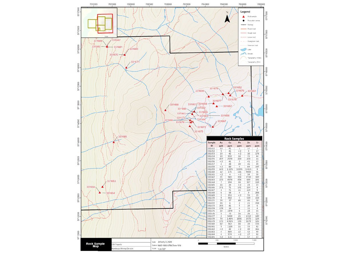 2025 CW Rock Sample Locations and Assay Values