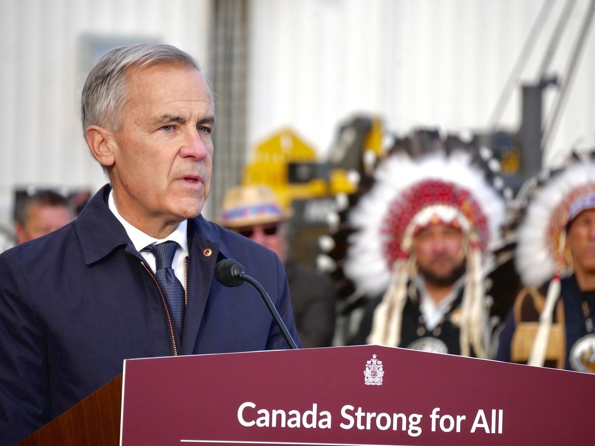 Prime Minister Mark Carney speaks to media in Fort McMurray, Alta., announcing that the Pacific Link pipeline has been listed as a project of national interest on Oct. 1, 2026.