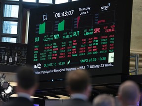 Stock market numbers are displayed on the floor of the New York Stock Exchange during morning trading on June 4, 2026 in New York City.