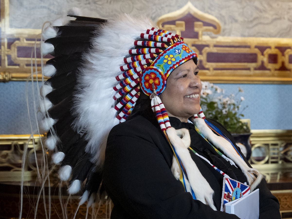Chief Christine Longjohn of Sturgeon Lake First Nation at Buckingham Palace on March 11, 2026 in London, England.
