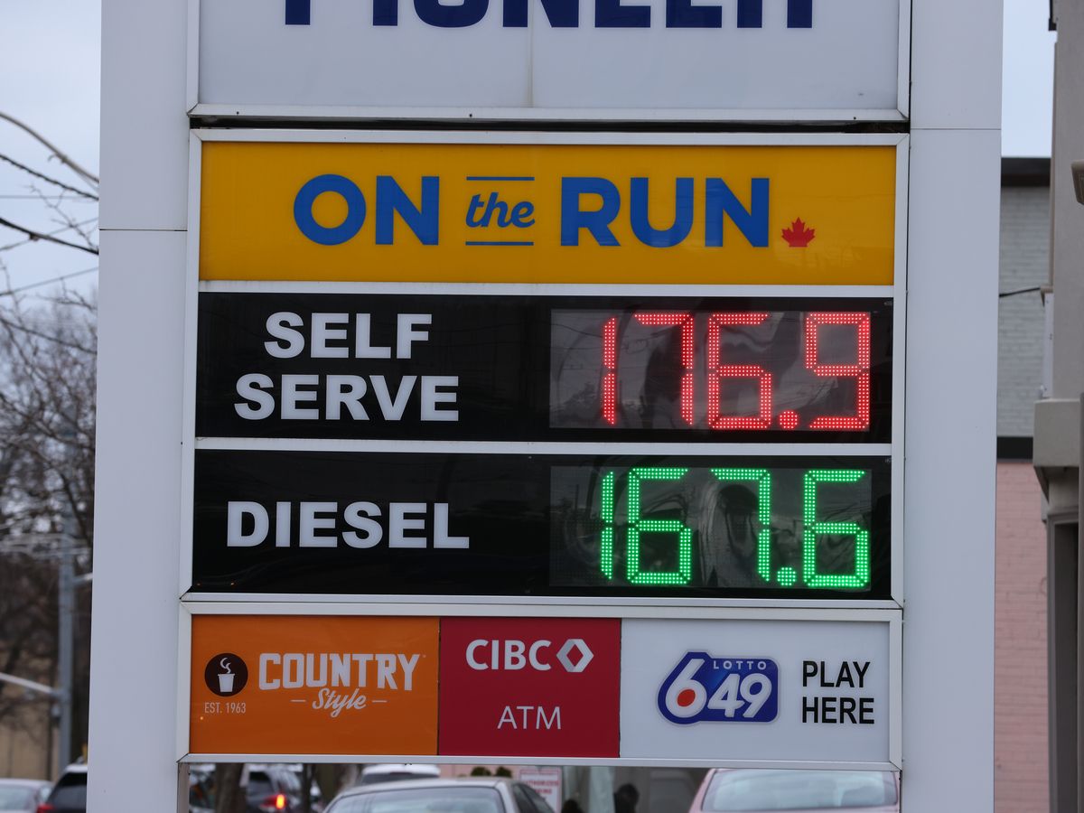 Gas and diesel prices at a Pioneer gas station on Main Street and Gerrard Street East in Toronto.