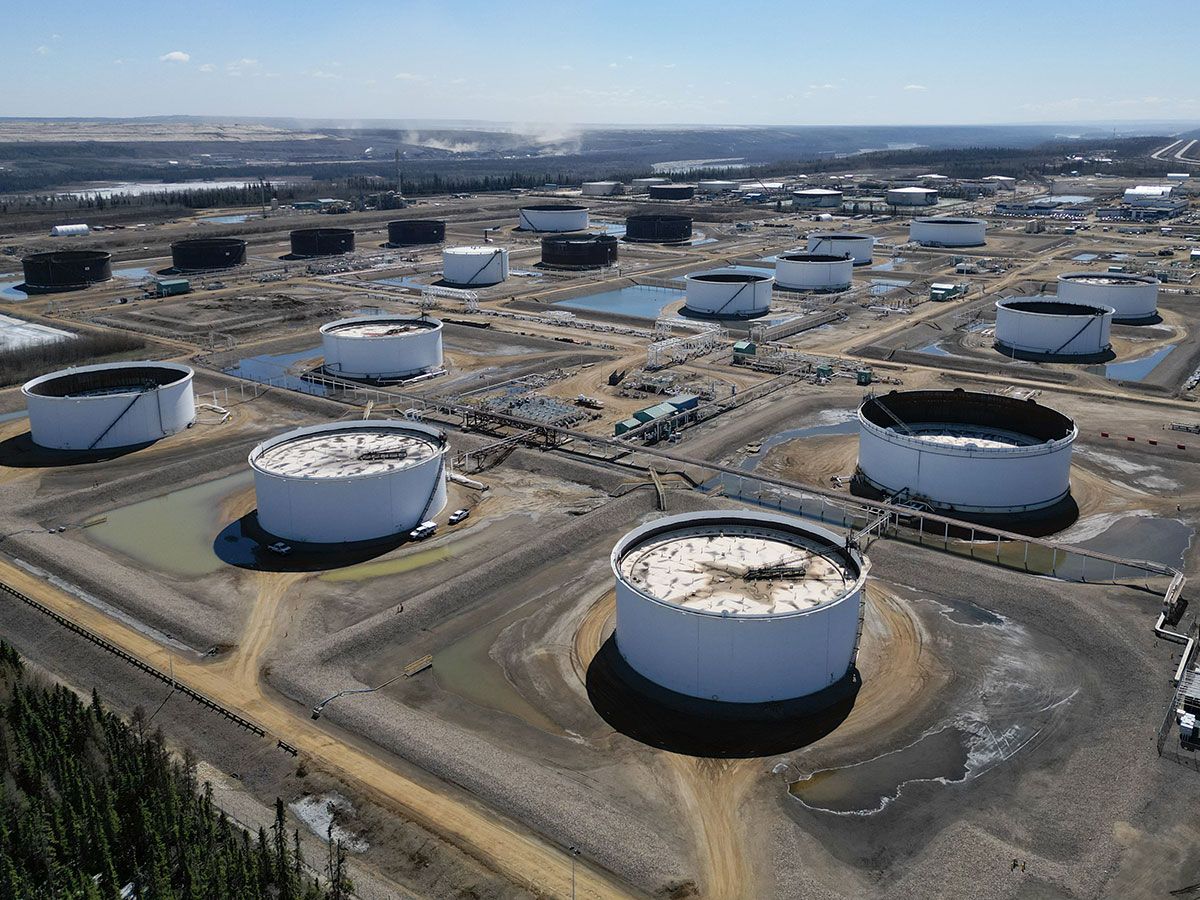 An aerial view of Enbridge storage tanks on the Suncor Base Camp oilsands site north of the Fort McMurray in Alberta.