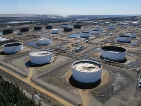 An aerial view of Enbridge storage tanks on the Suncor Base Camp oilsands site north of the Fort McMurray in Alberta.