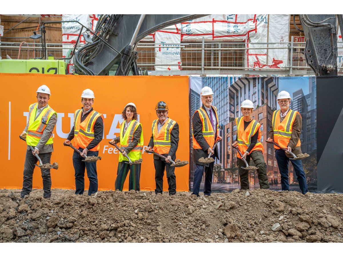 Groundbreaking ceremony for The Benjamin in Toronto, Ontario, attended by Chris Glover, Member of Provincial Parliament, Spadina-Fort York, and representatives from LiUNA, Fengate Asset Management, The Hi-Rise Group, SG Constructors, and community artist Bareket Kezwer.