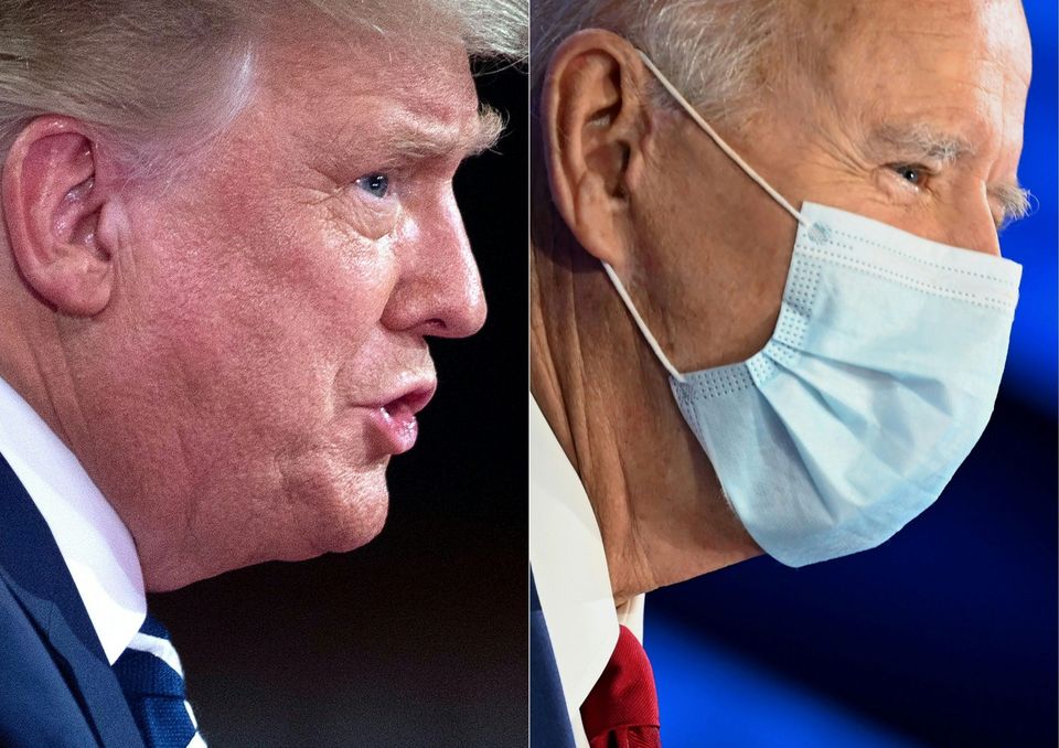 side-by-side photo of Donald Trump and Joe Biden during a town hall on October 15, 2020