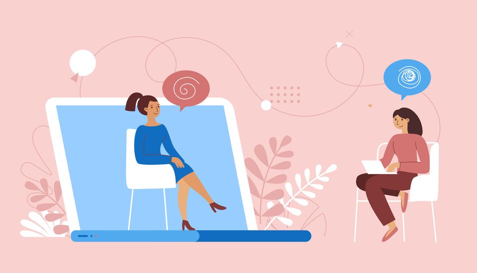 Vector illustration in flat simple style - online psychological help and support service - psychologist and her patient having video call using modern technology app