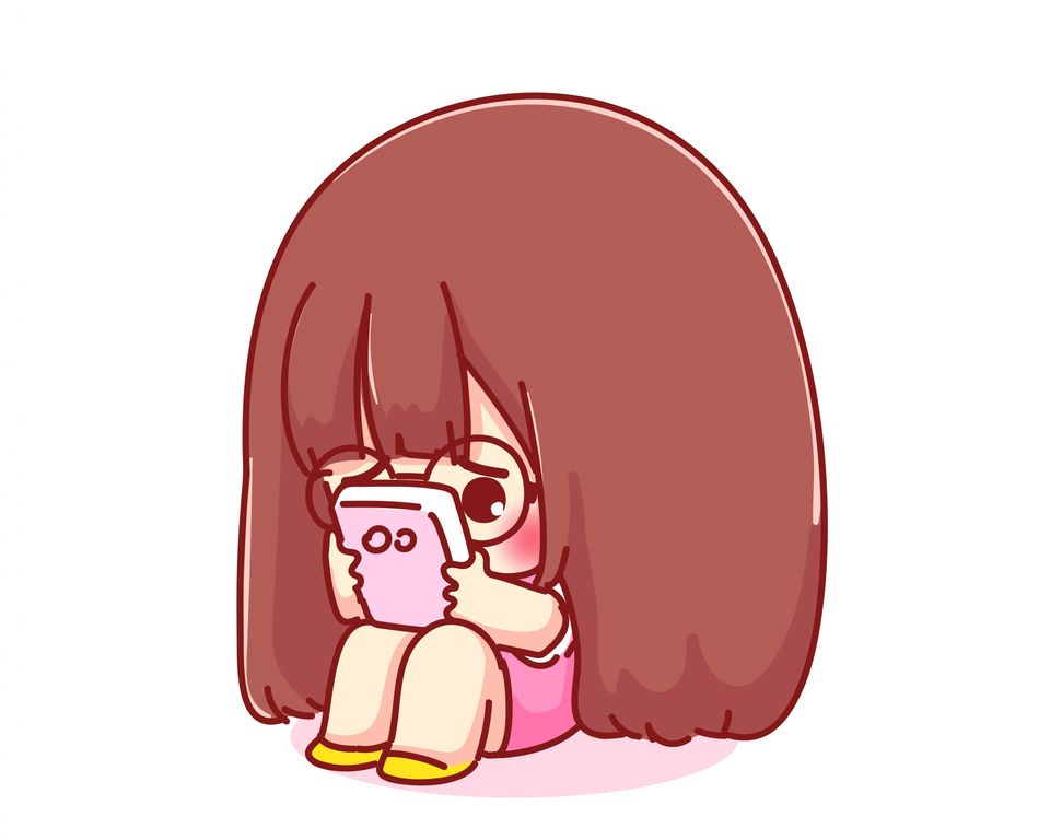 cartoon girl holding phone